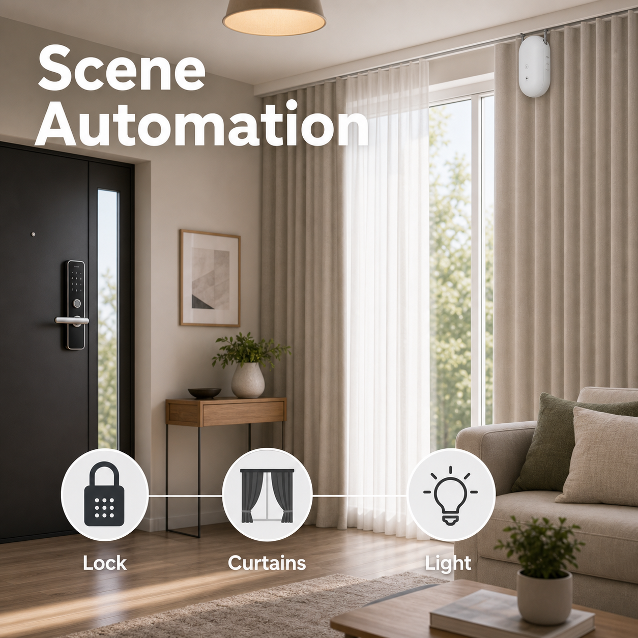 Scene automation with curtains light and lock for smart curtain robot