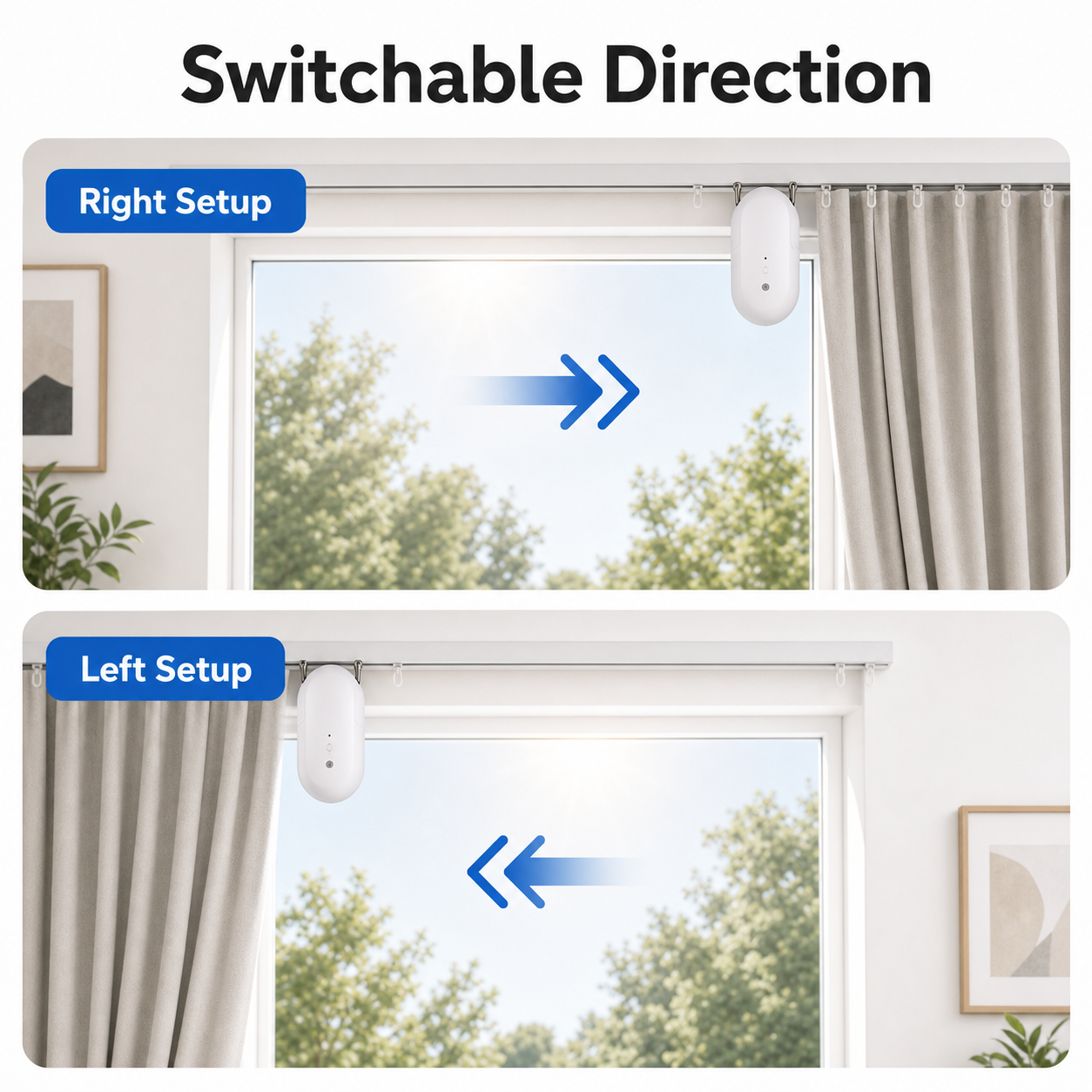 Switchable left and right setup direction for smart curtain robot