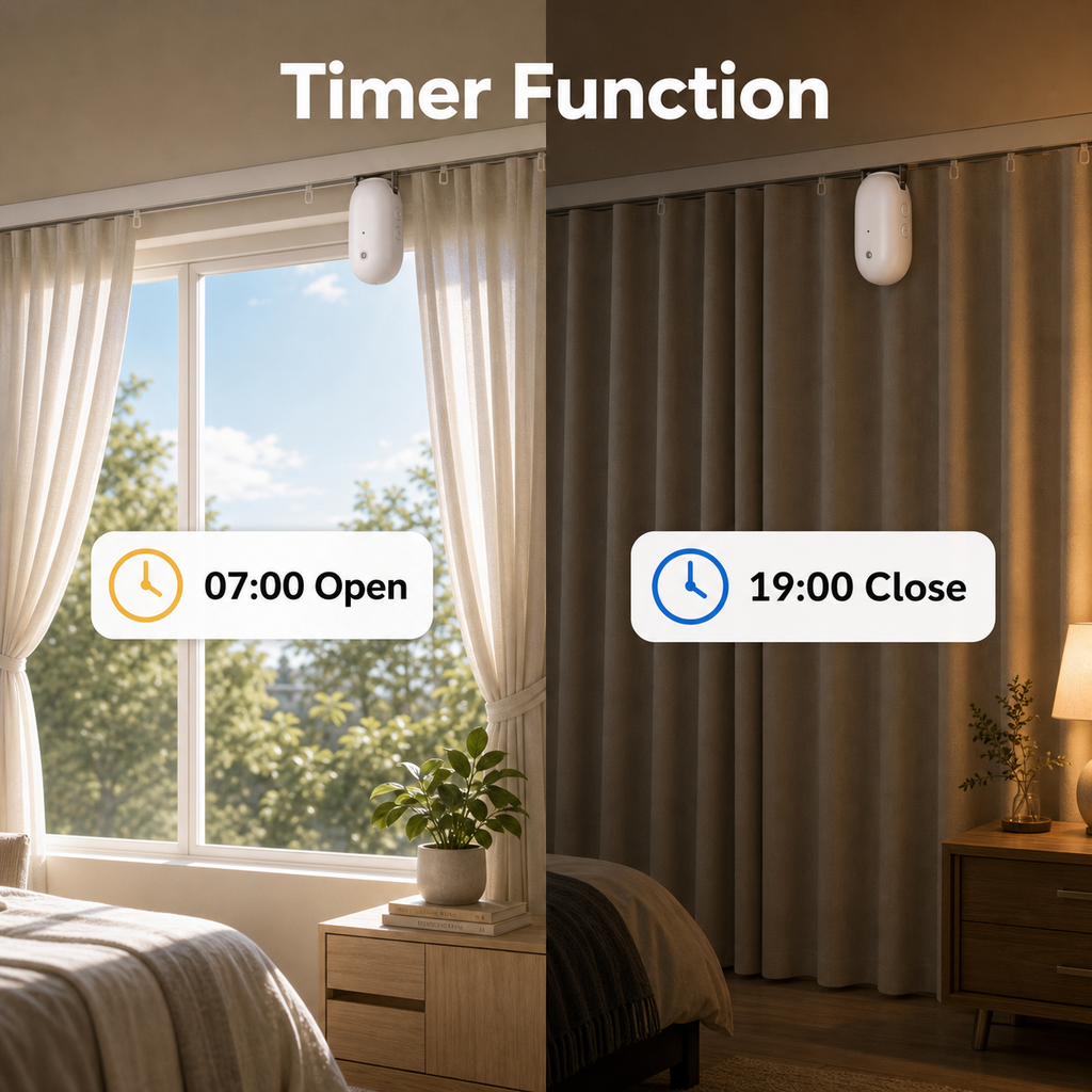 Timer function showing scheduled curtain opening and closing