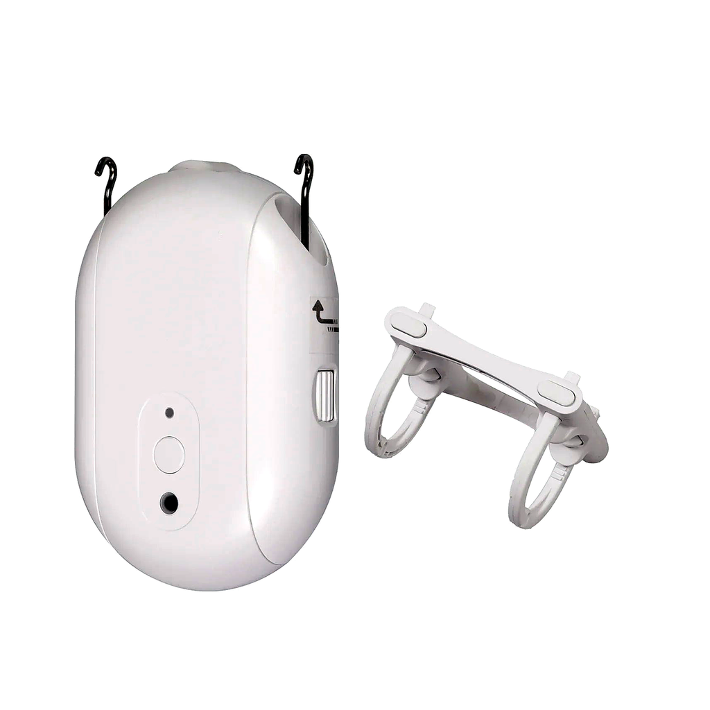 Robot rideau ZigBee blanc NéoCurtain Comfort avec adaptateur pour tringle ronde sur fond blanc