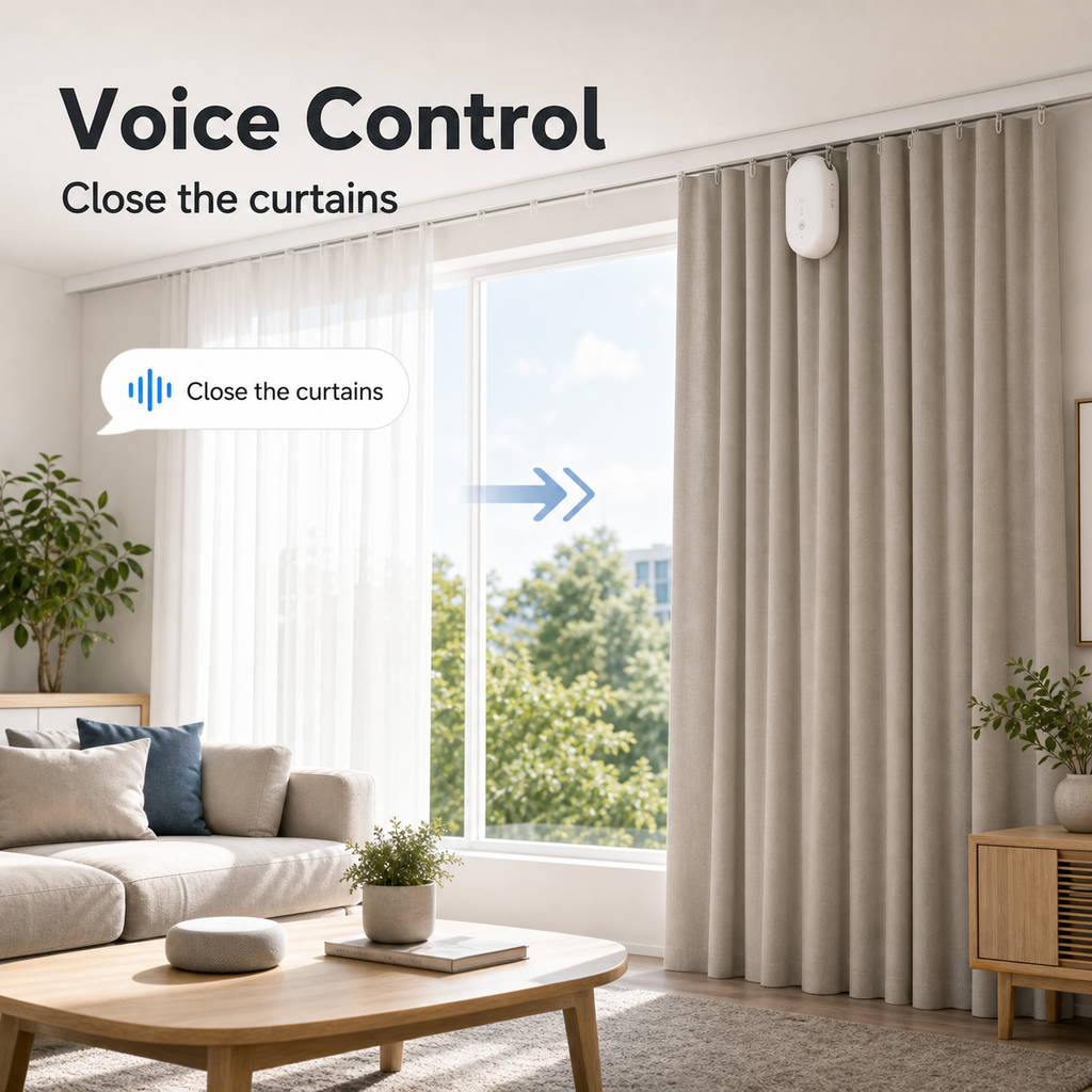 Voice control scene for smart curtain robot without assistant branding