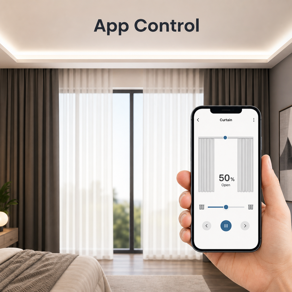 Mobile app remote control interface for Wi-Fi and ZigBee curtain motor