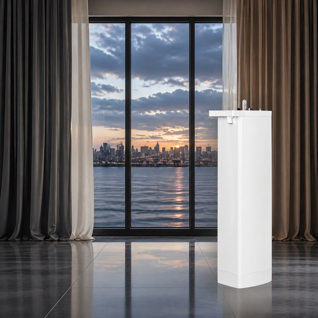 Smart curtain motor shown beside modern curtains in a premium home interior