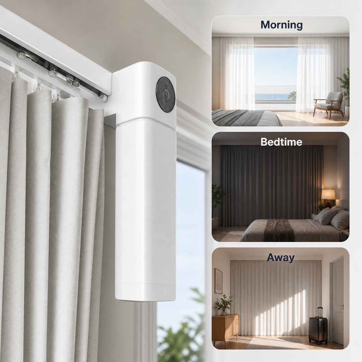 Daily smart curtain scenes with morning, bedtime and away routines