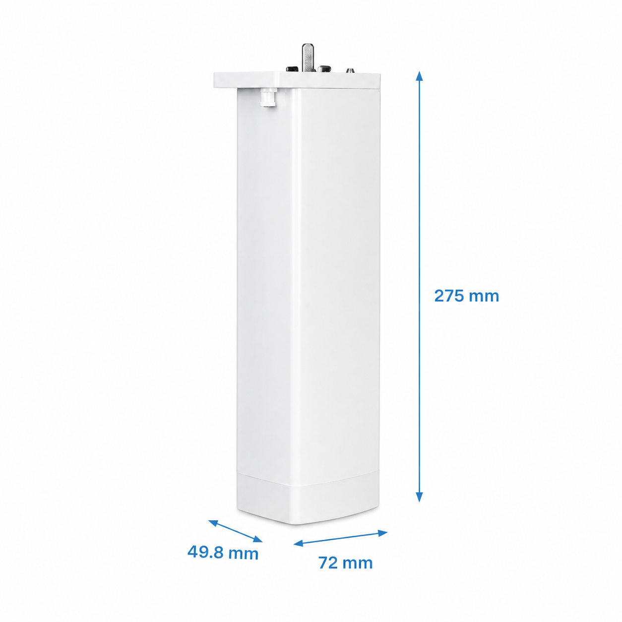 Dimension diagram for white smart curtain motor with height width and depth measurements