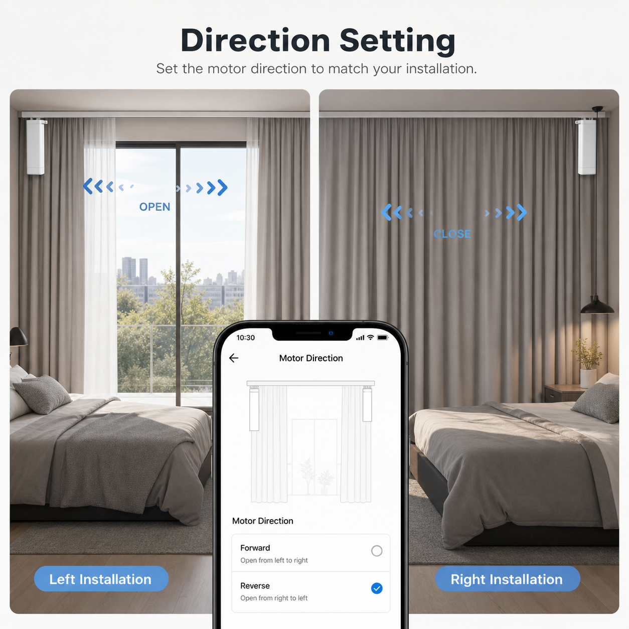 Motor direction setting screen for left or right curtain installation