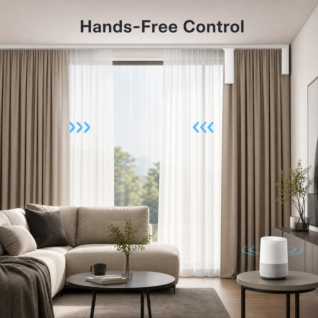 Hands-free curtain control scene with generic smart speaker and motorized curtains