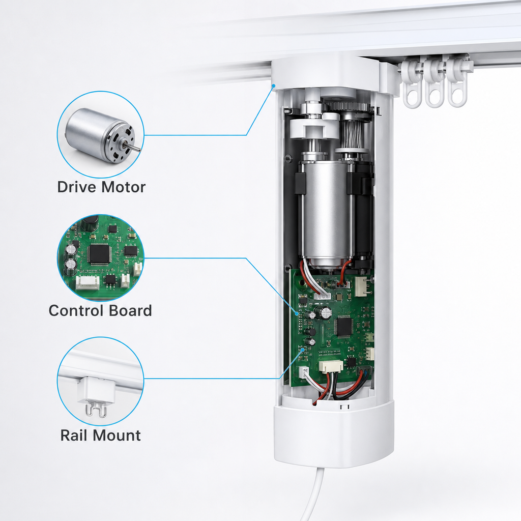 Hardware overview cutaway showing drive motor control board and rail mount