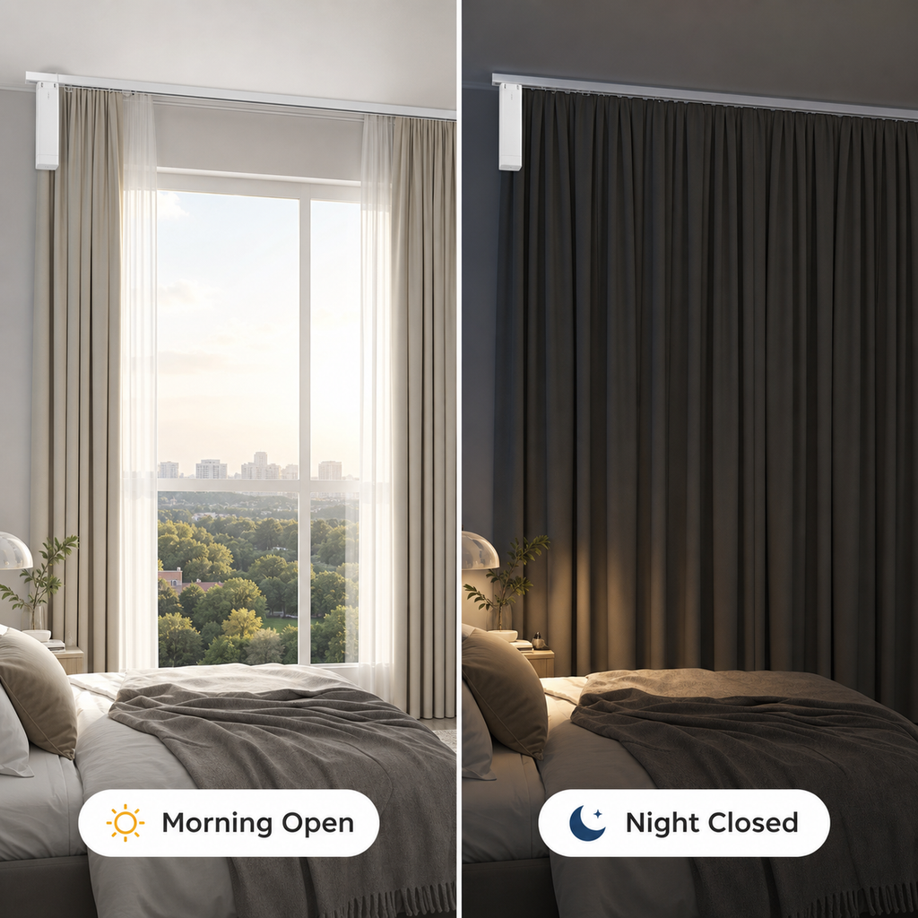 Morning open and night closed curtain automation scene