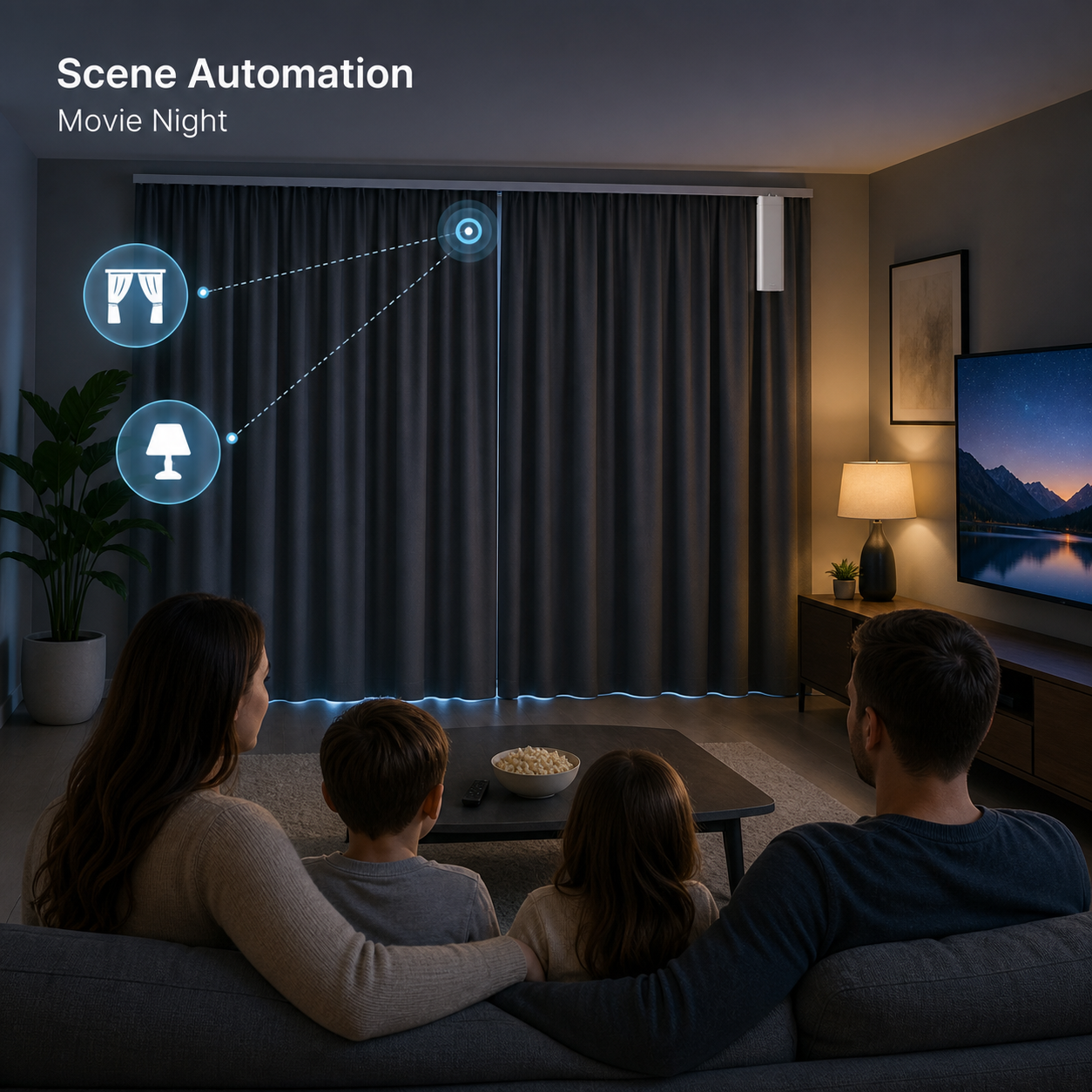 Movie night scene automation with curtains closing in a modern living room
