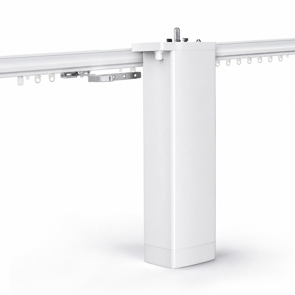Studio product display of white curtain motor on curtain rail
