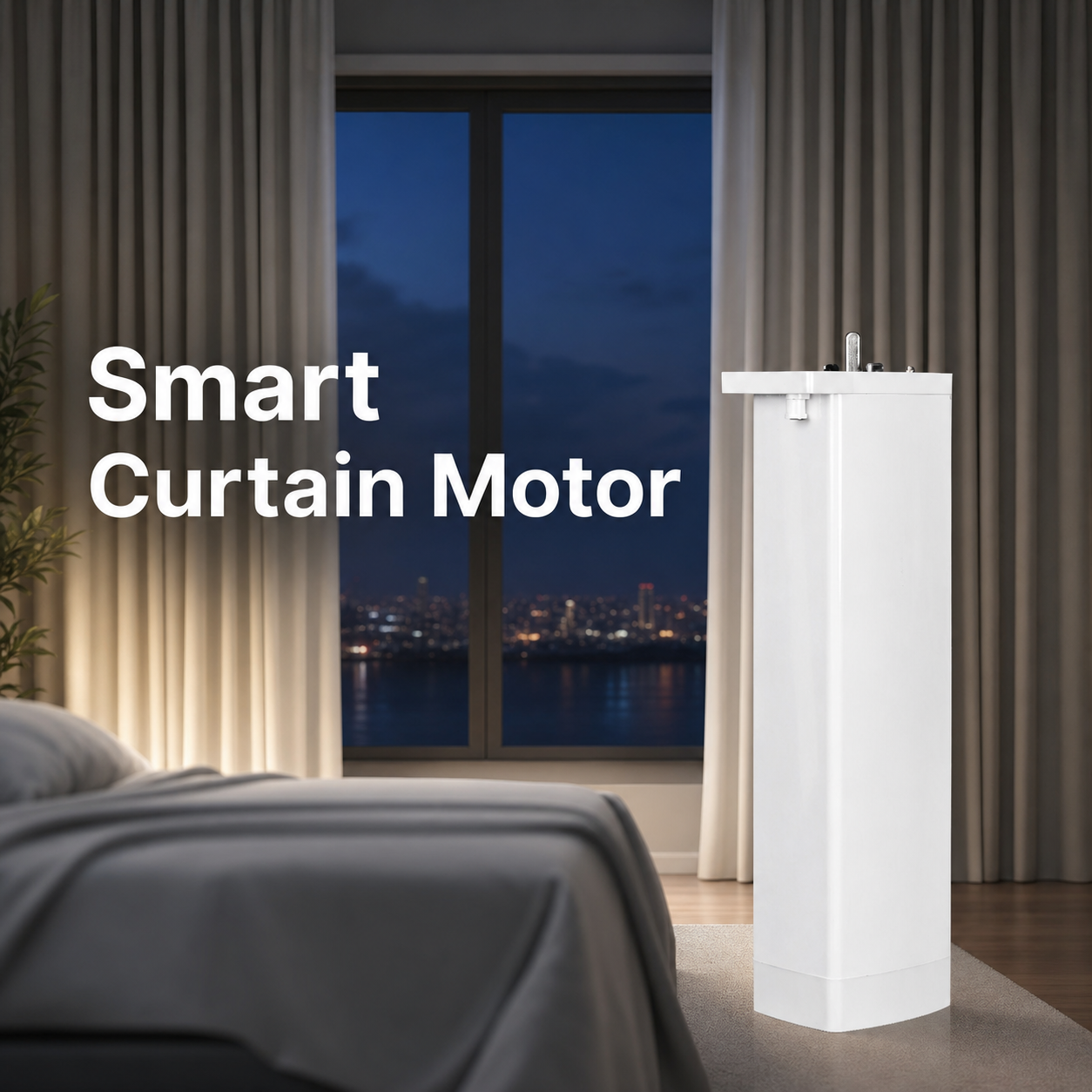 Hero image of smart curtain motor beside bedroom curtains