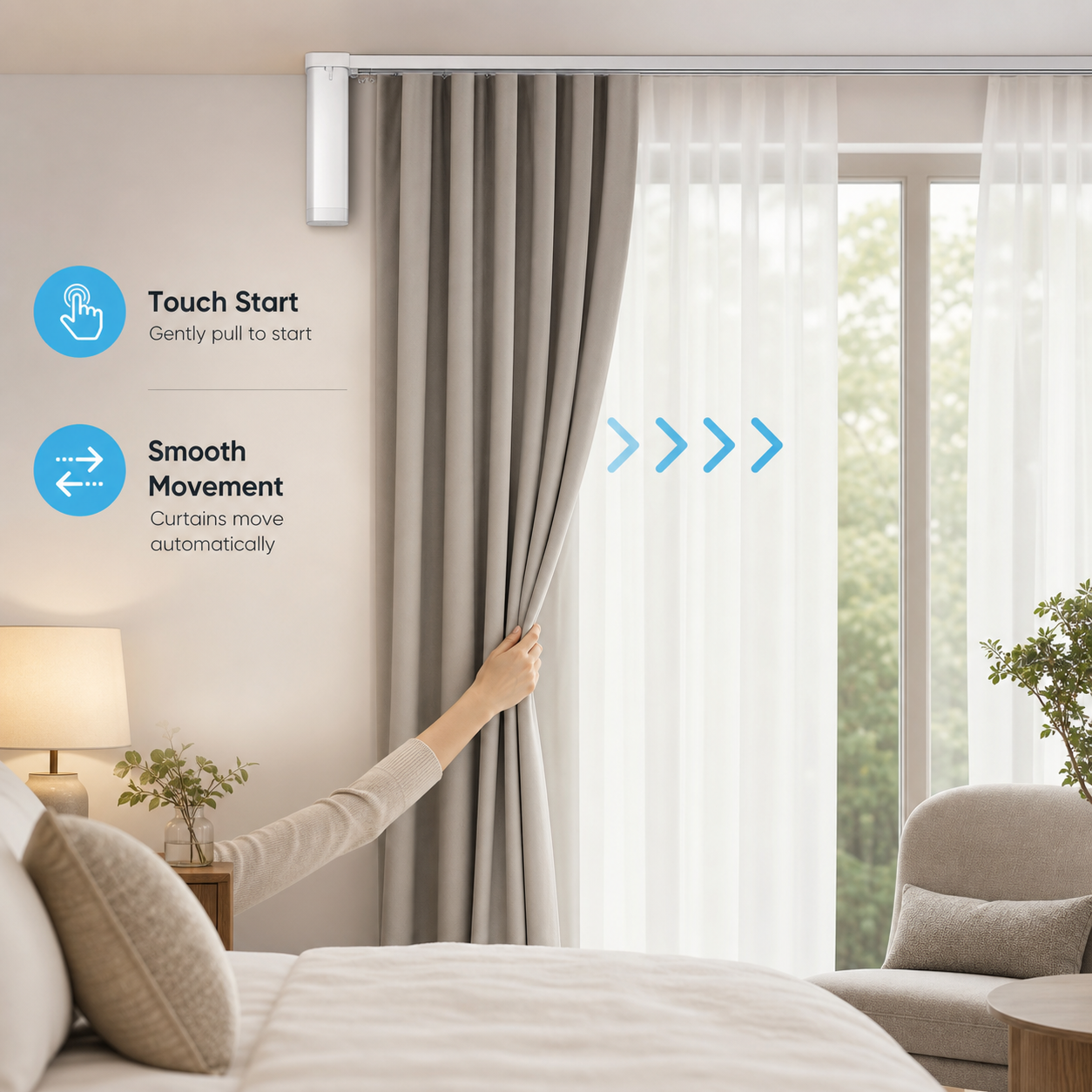 Touch start feature scene for motorized curtains