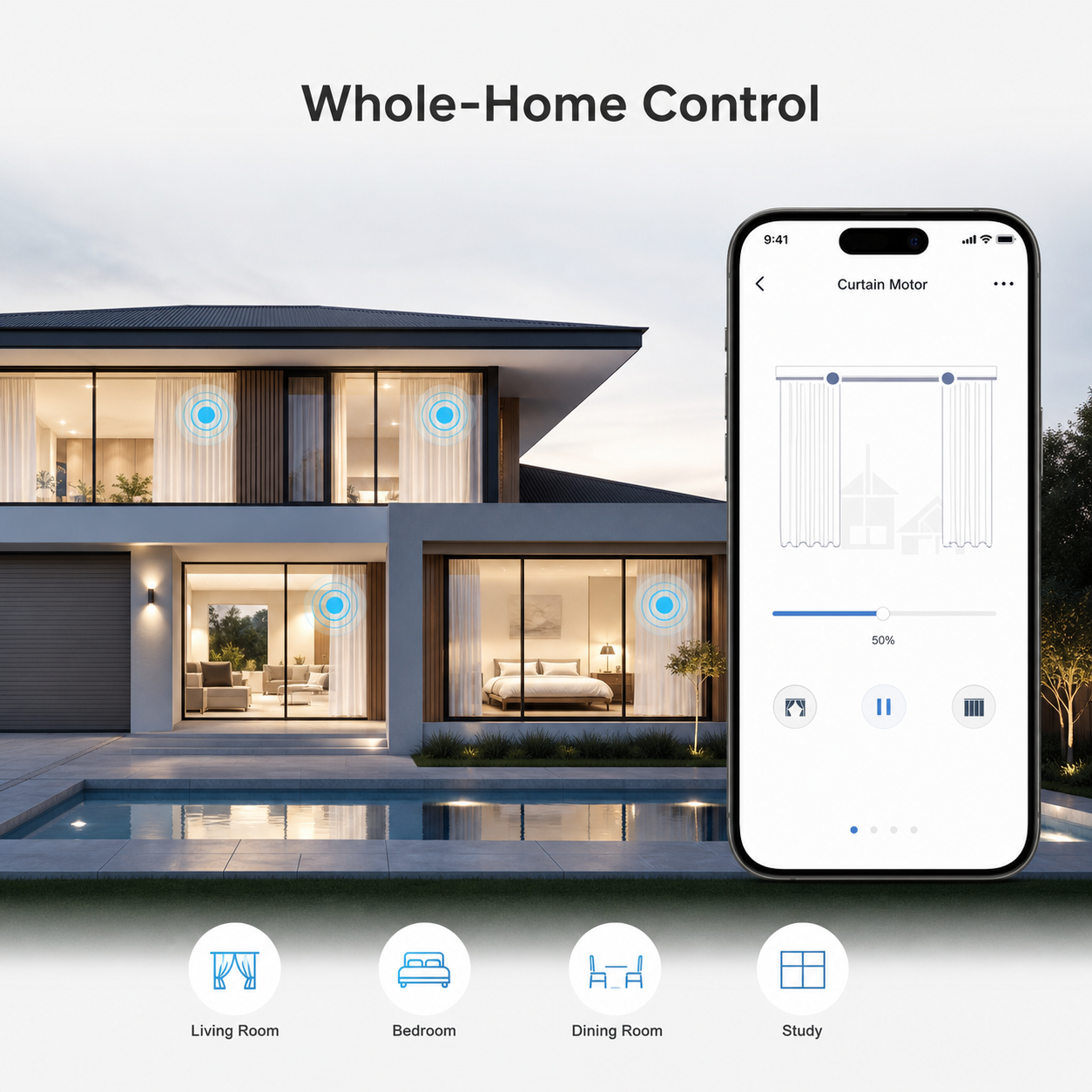 Whole-home curtain control shown with a generic app interface