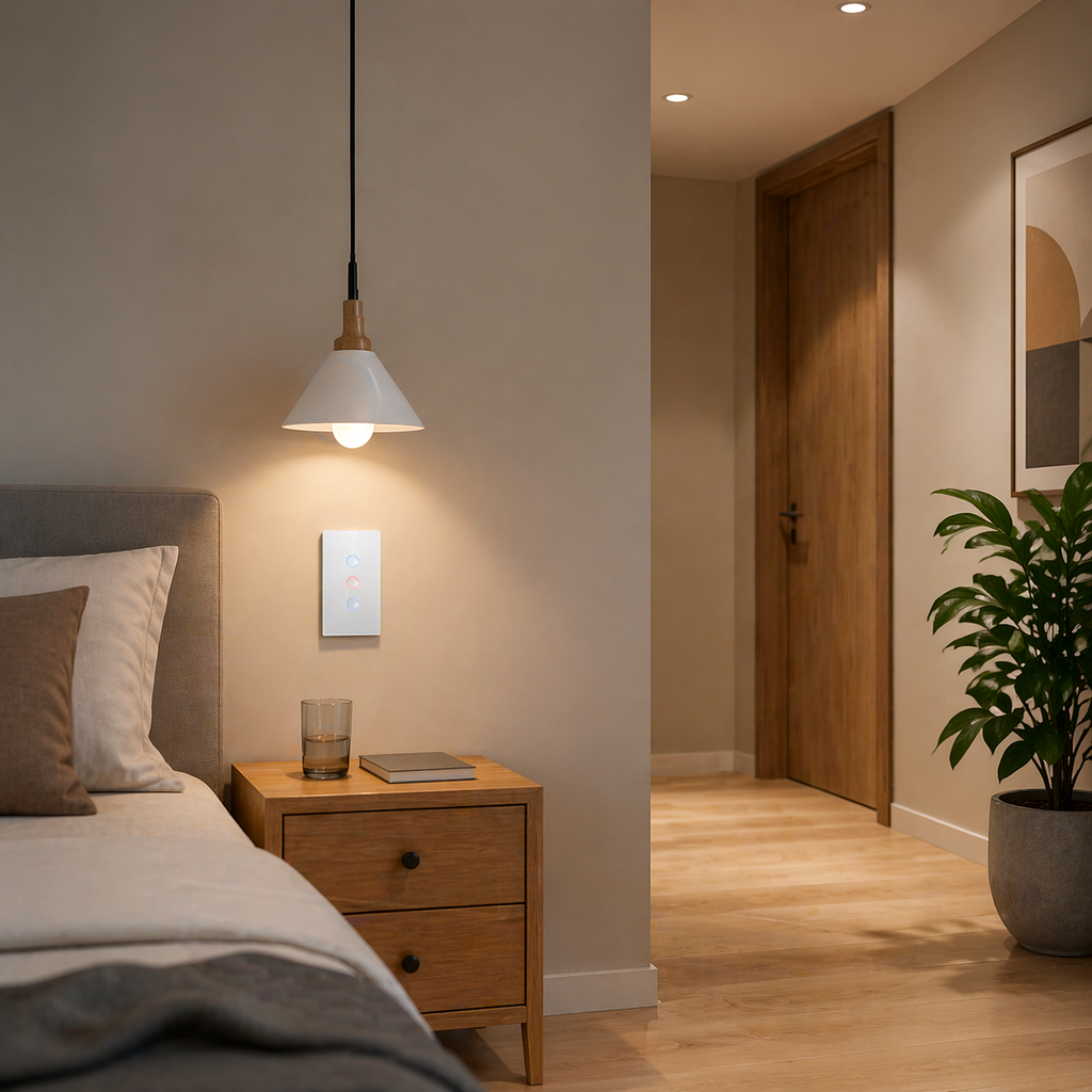 NéoCurve Essential white touch switch installed beside a bed in warm bedroom lighting