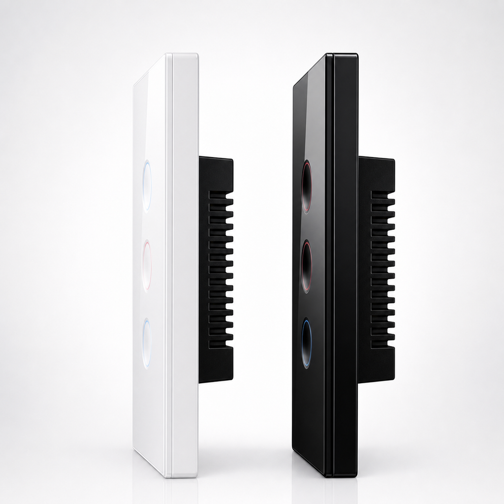 Side profile of black and white NéoCurve Essential touch switches with rear module