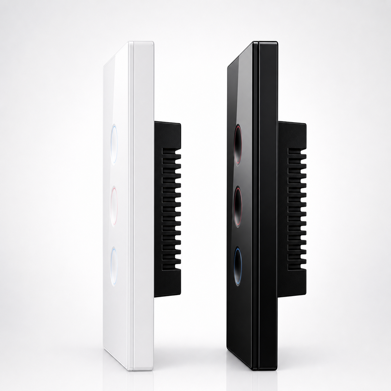 Side profile of black and white NéoCurve Essential touch switches with rear module