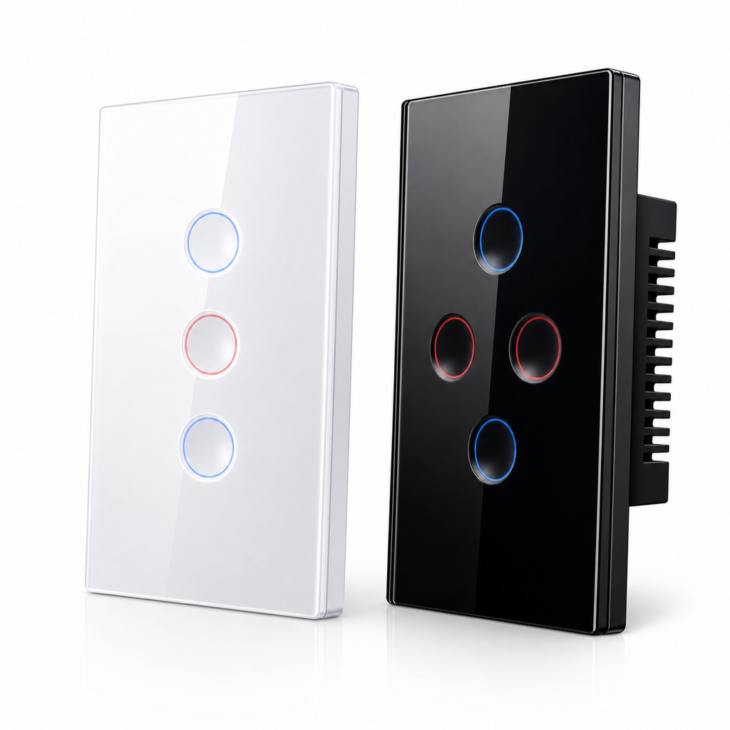 Studio packshot of black and white NéoCurve Essential three-zone touch switches
