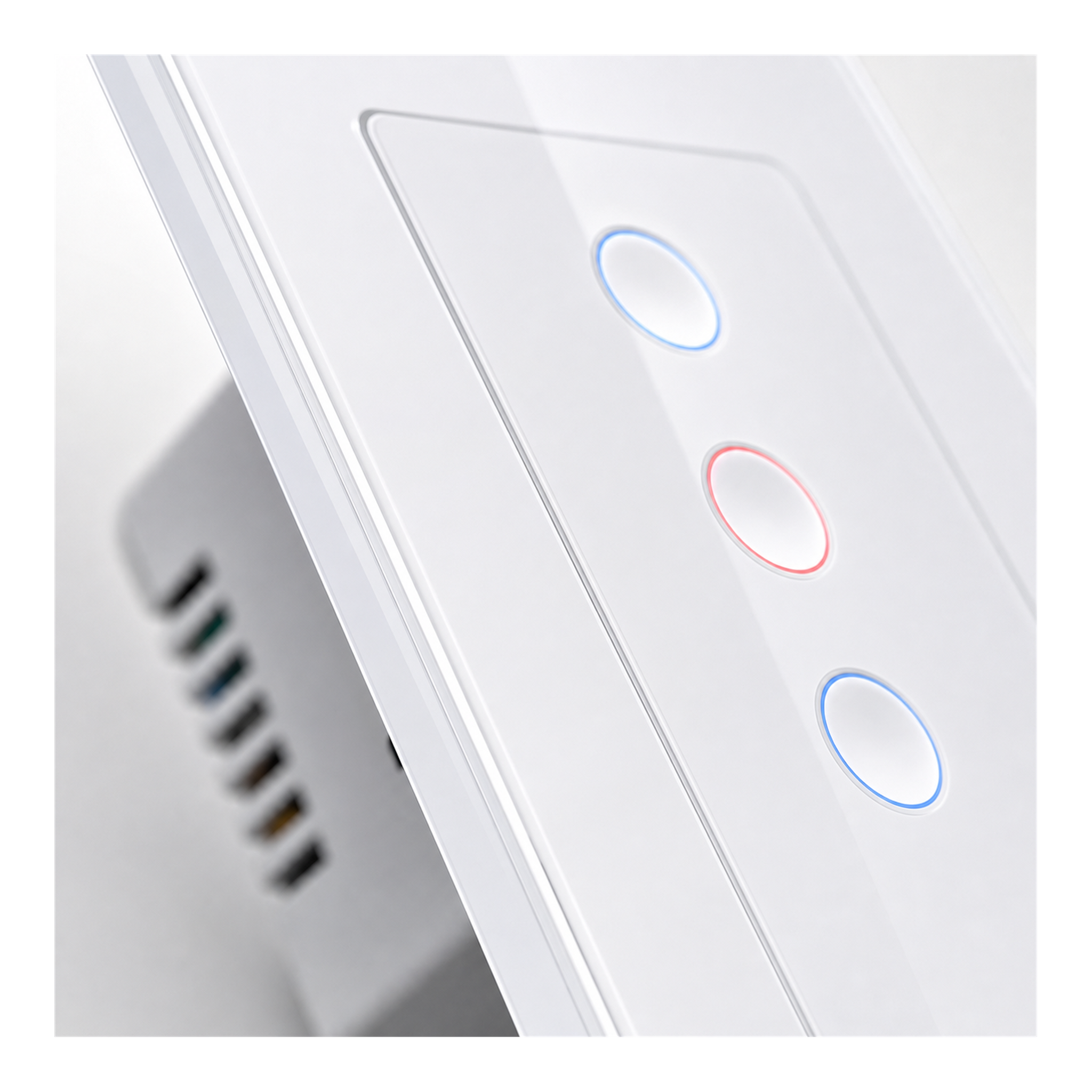 Detail du verre tactile NeoCurve Essential blanc pur sur fond studio blanc.
