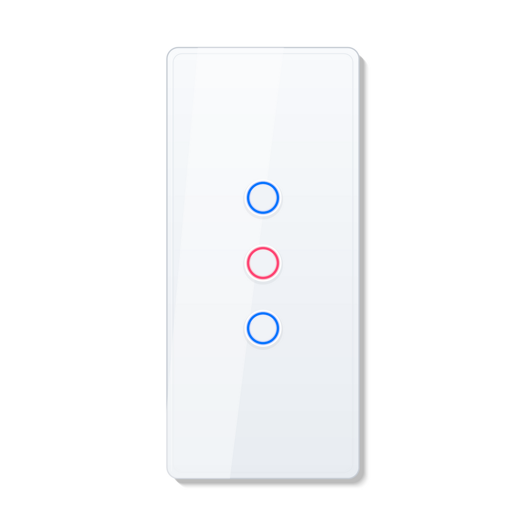 Interrupteur tactile NeoCurve Essential blanc pur a trois canaux sur fond studio blanc.