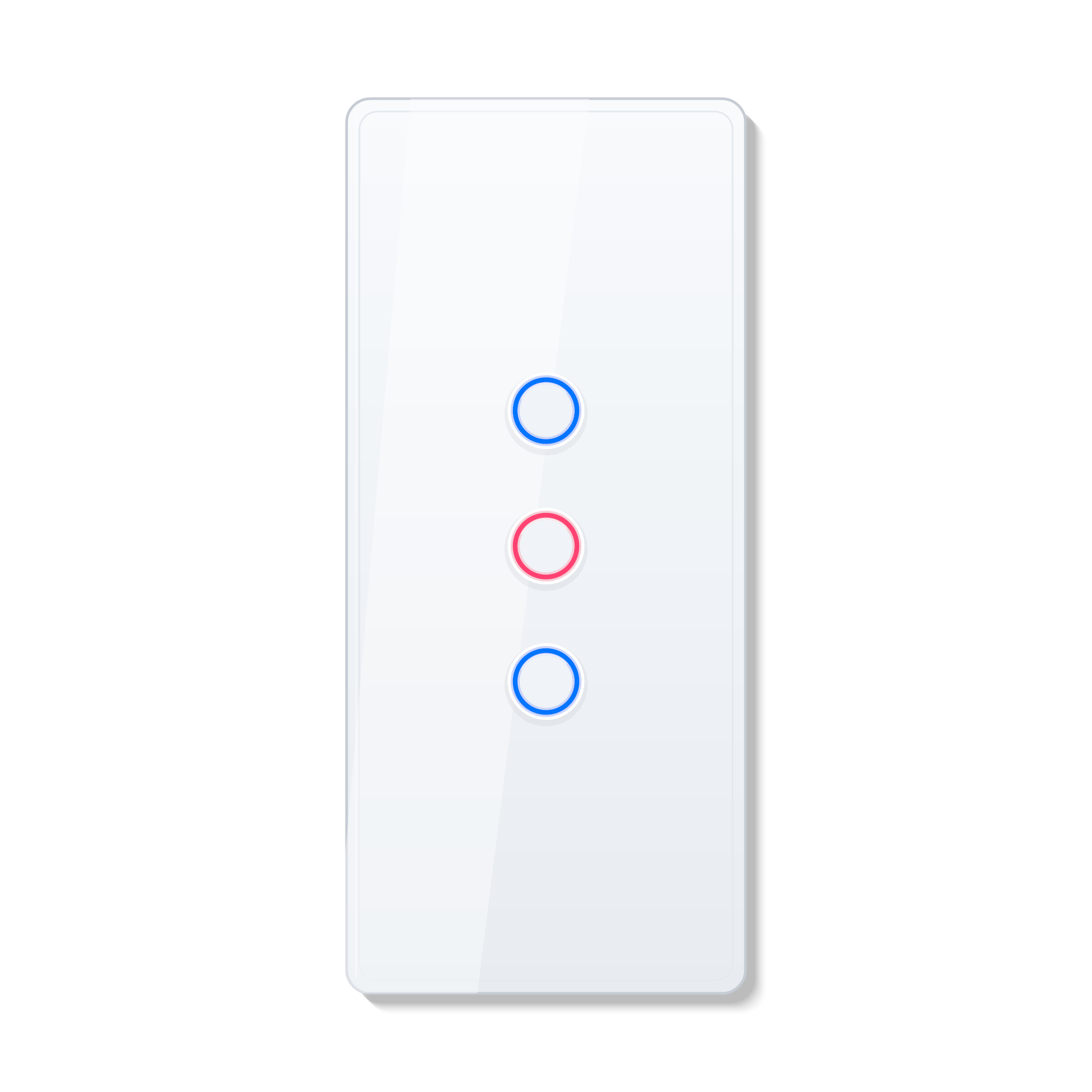 Interrupteur tactile NeoCurve Essential blanc pur a trois canaux sur fond studio blanc.