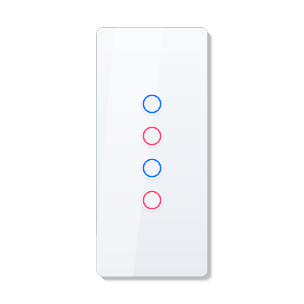 Interrupteur tactile NeoCurve Essential blanc pur a quatre canaux sur fond studio blanc.