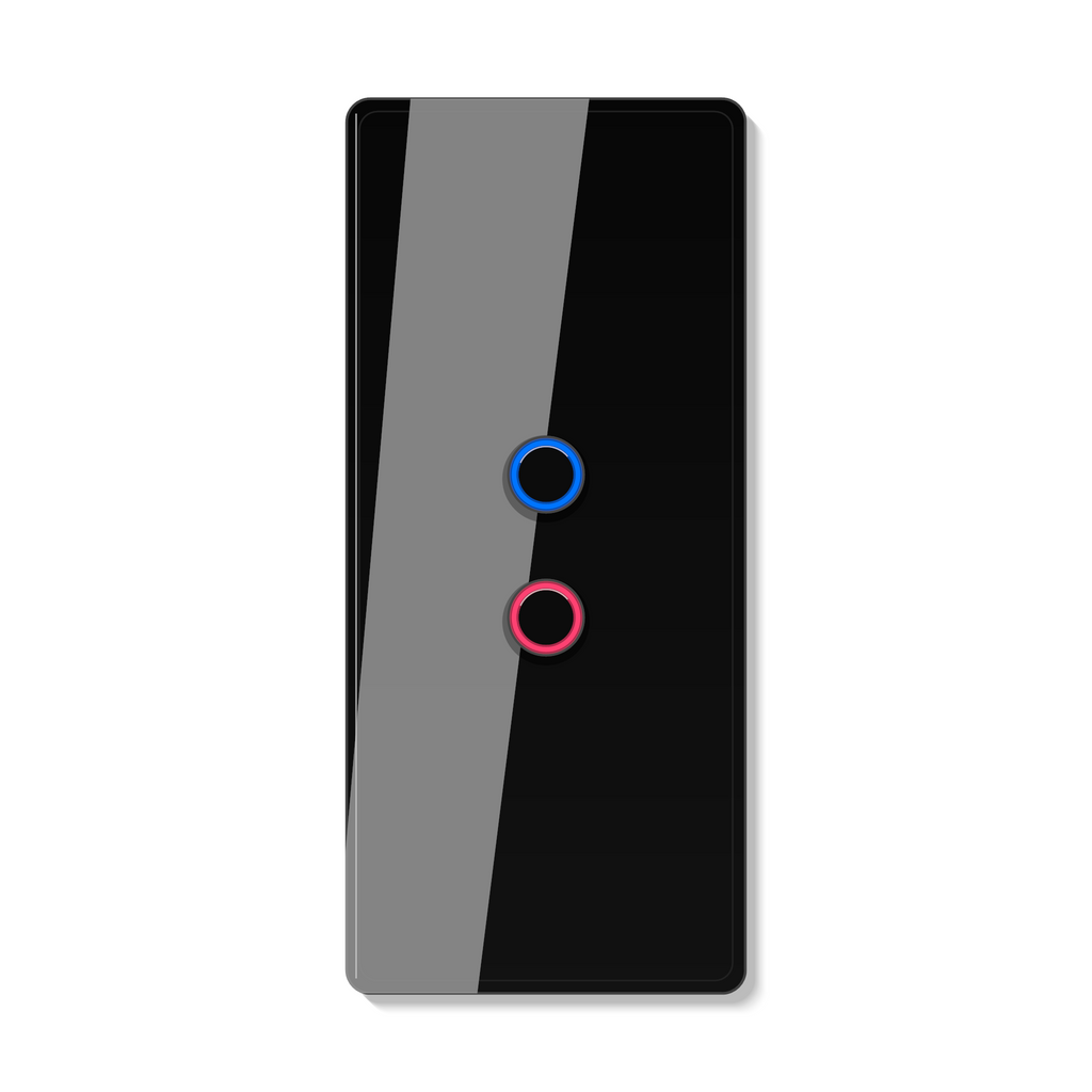 Interrupteur tactile NeoCurve Essential noir absolu a deux canaux sur fond studio blanc.