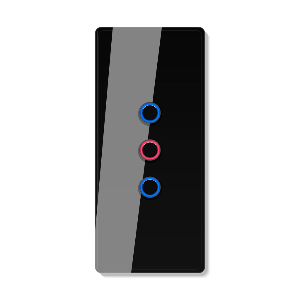 Interrupteur tactile NeoCurve Essential noir absolu a trois canaux sur fond studio blanc.