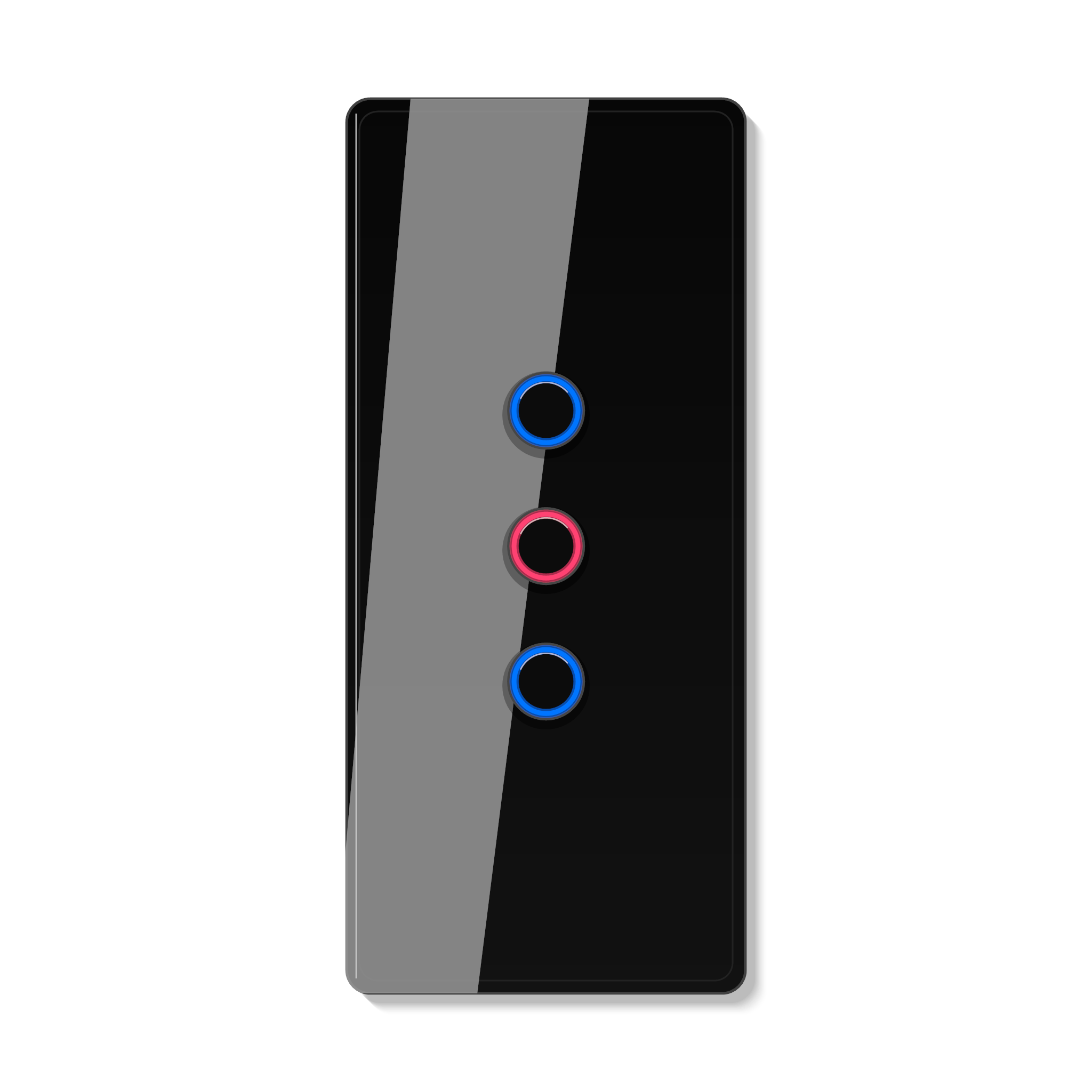 Interrupteur tactile NeoCurve Essential noir absolu a trois canaux sur fond studio blanc.