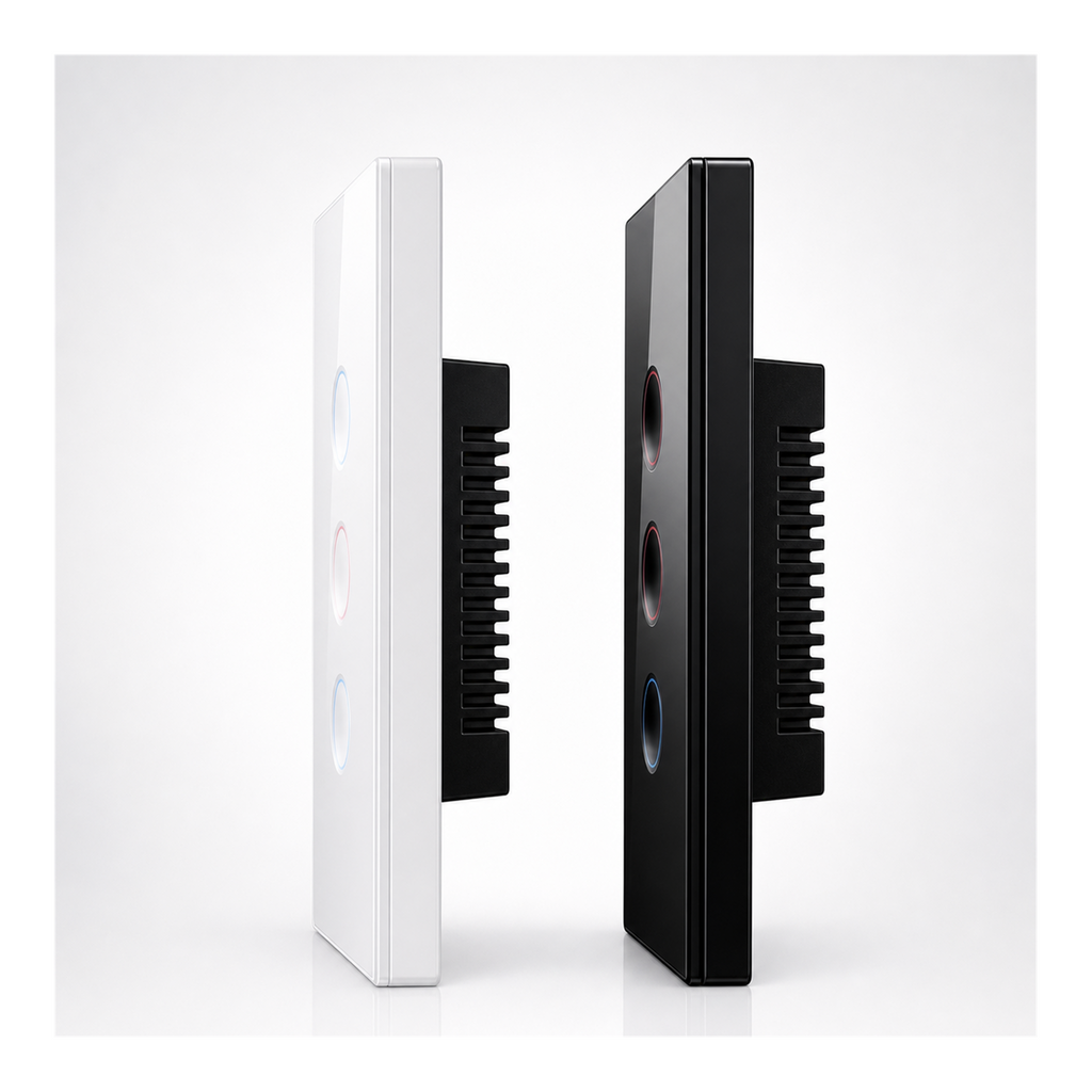 Profil des interrupteurs tactiles NeoCurve Essential blanc pur et noir absolu sur fond studio blanc.