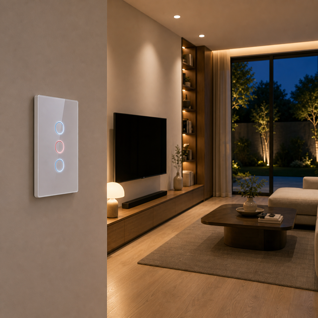 NéoCurve Essential wall touch switch in a modern living room with warm ambient lighting