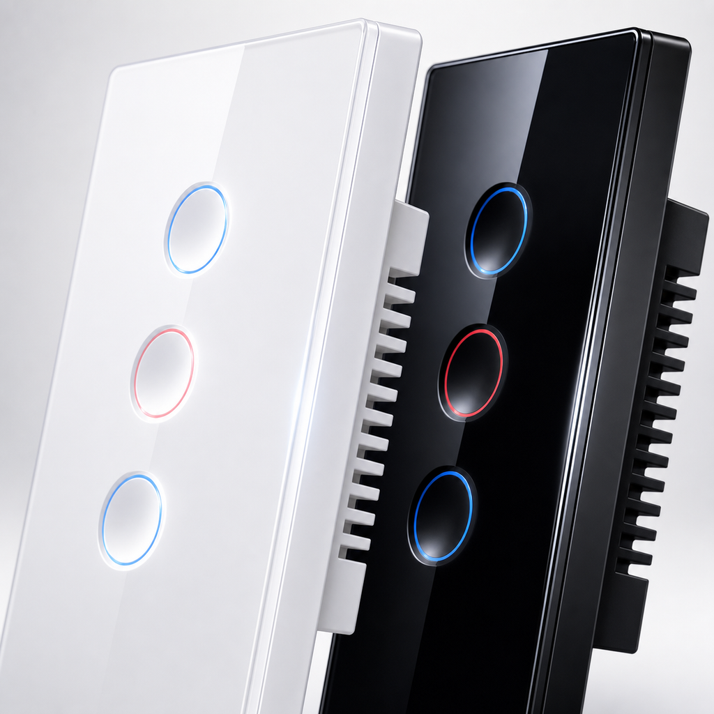 Close-up of NéoCurve Essential three-zone touch switches with illuminated buttons