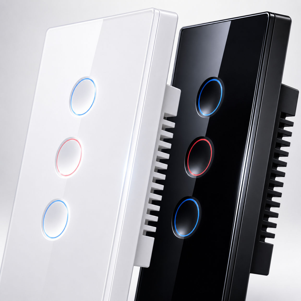 Close-up of NéoCurve Essential three-zone touch switches with illuminated buttons