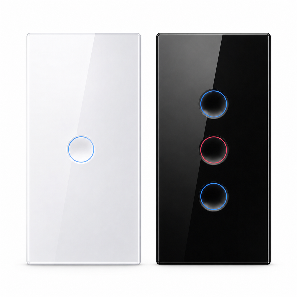 Front view of white and black NéoCurve Essential glass touch switches