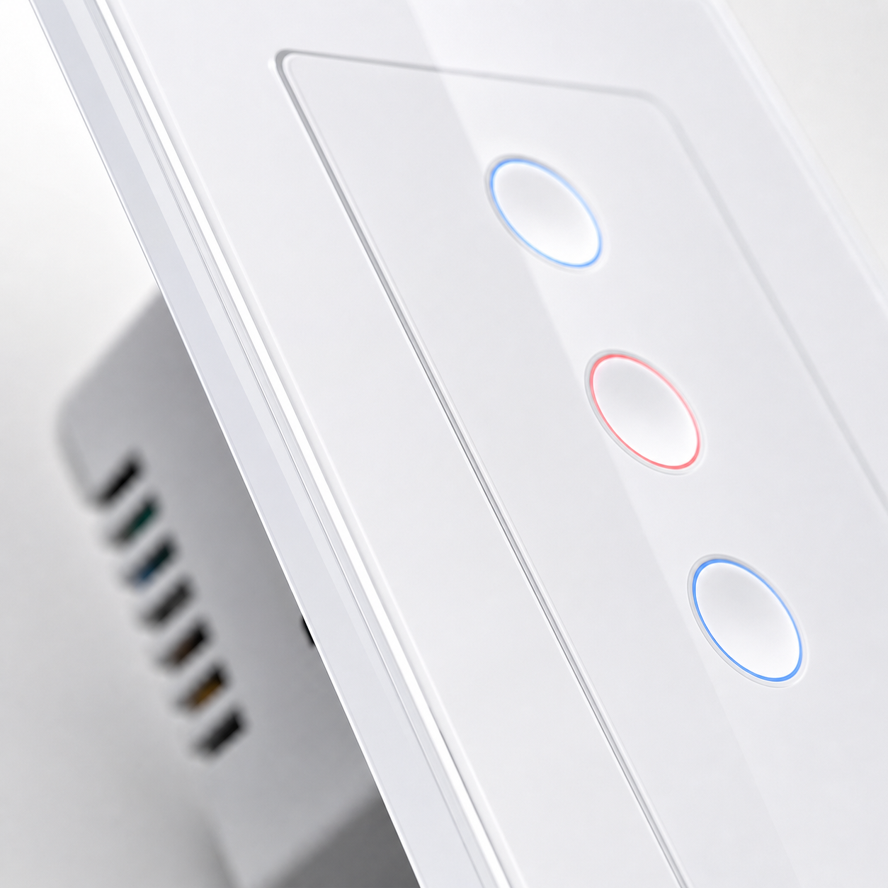 Macro detail of NéoCurve Essential white glass touch panel and illuminated buttons