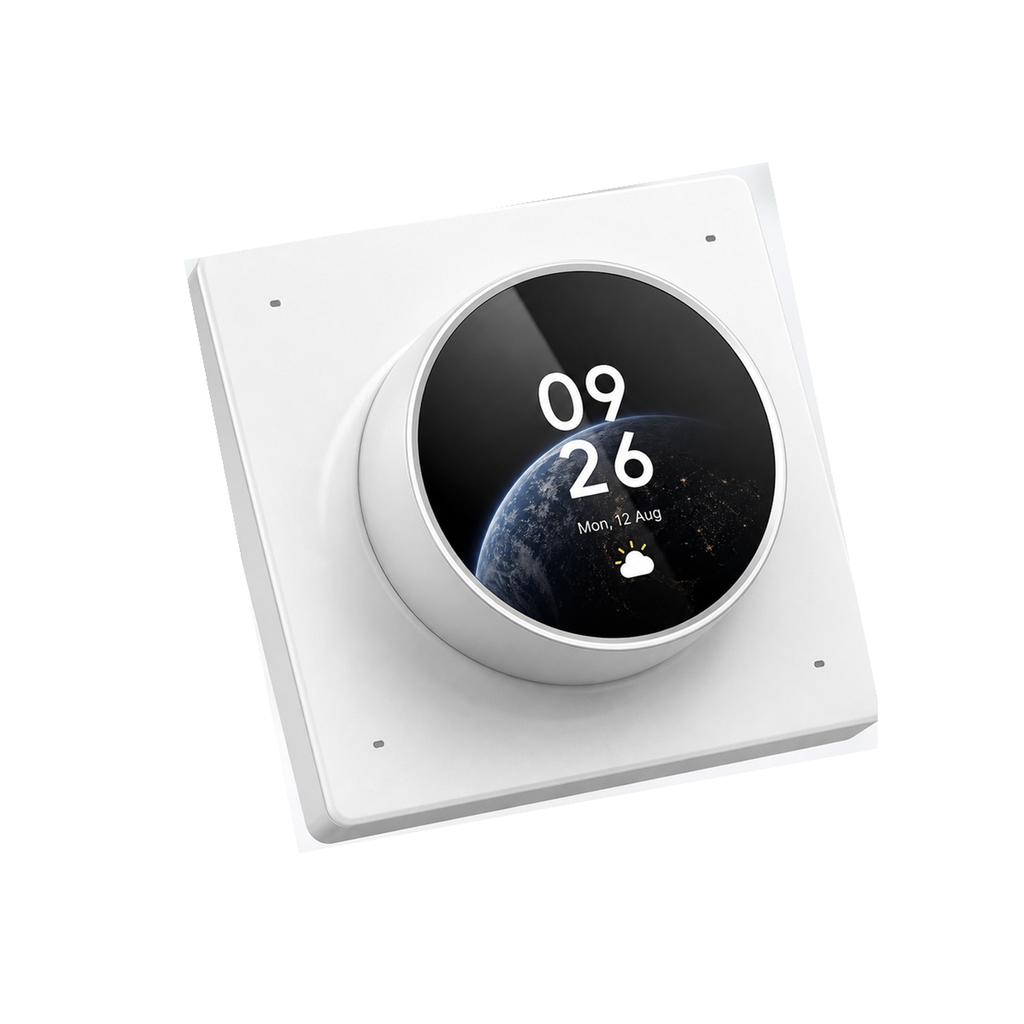 Centre de contrôle rotatif NéoDial Hub Pro avec écran rond sur fond blanc studio.