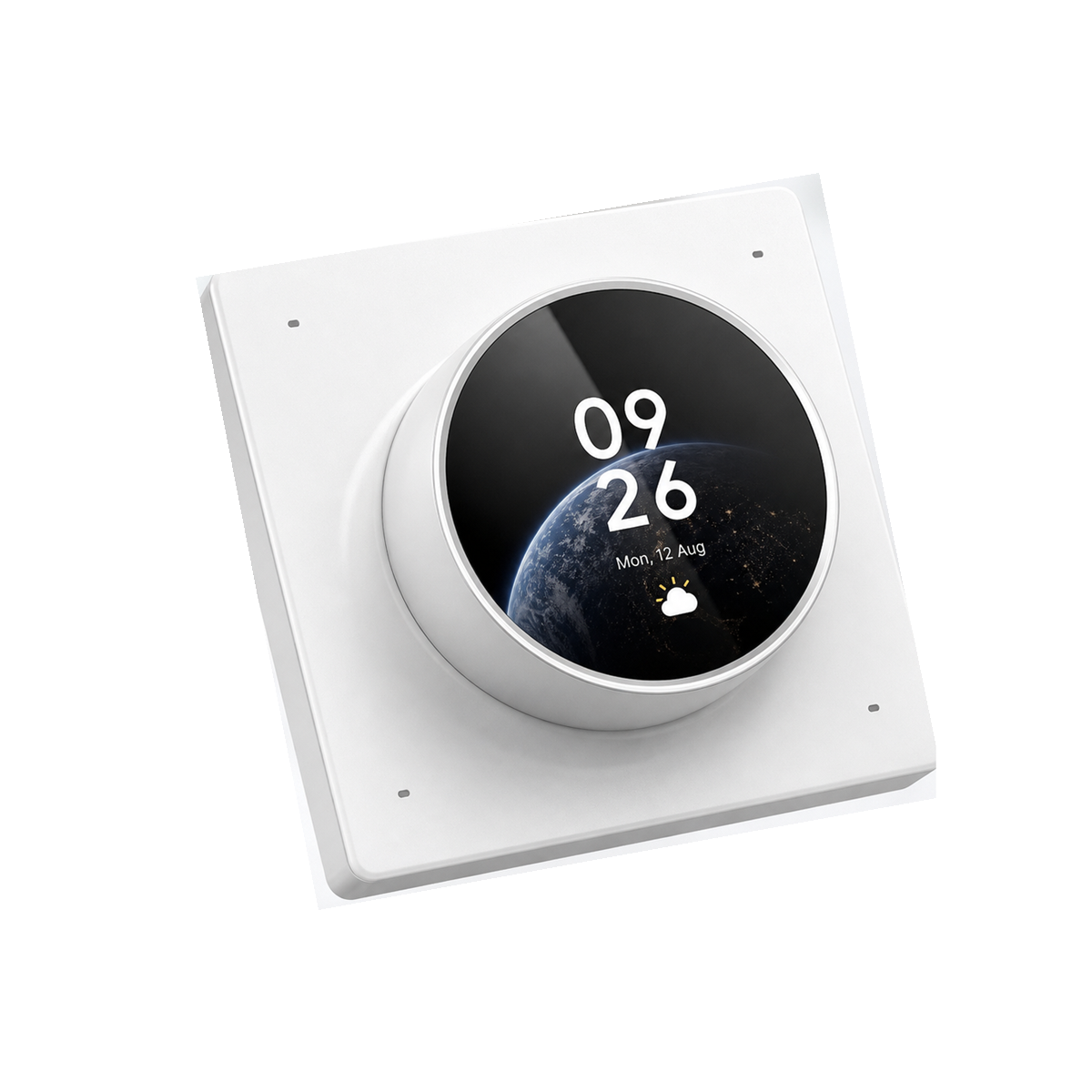 Centre de contrôle rotatif NéoDial Hub Pro avec écran rond sur fond blanc studio.