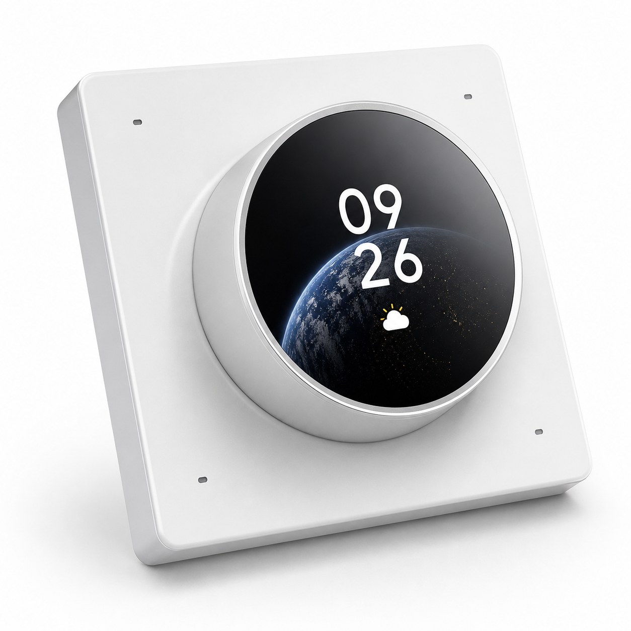 Close-up studio view of NéoDial Hub Pro round rotary dial and glossy touchscreen