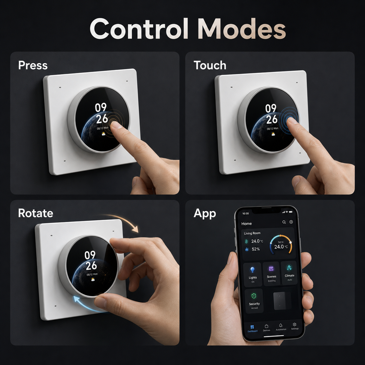 Control modes overview for NéoDial Hub Pro showing press, touch, rotate and app control