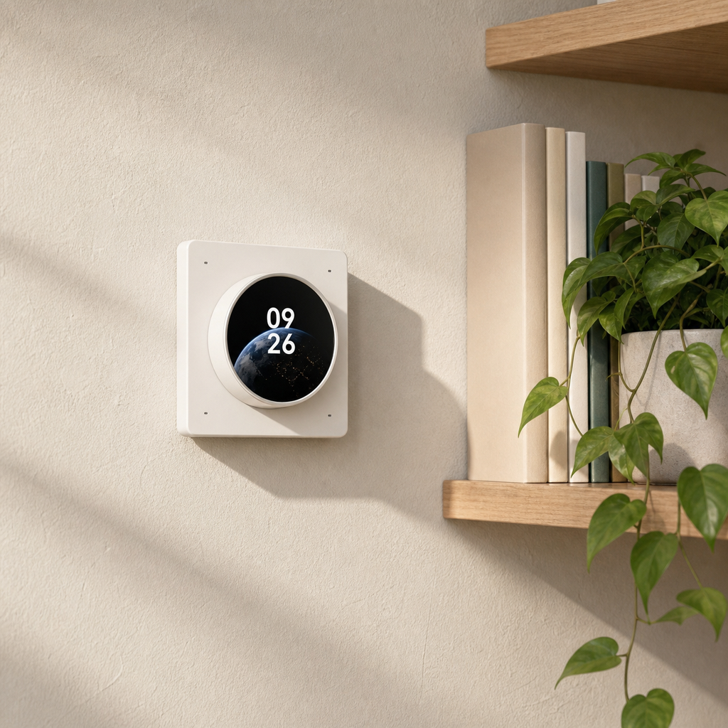 Decorative wall installation of NéoDial Hub Pro near a wooden shelf and plant
