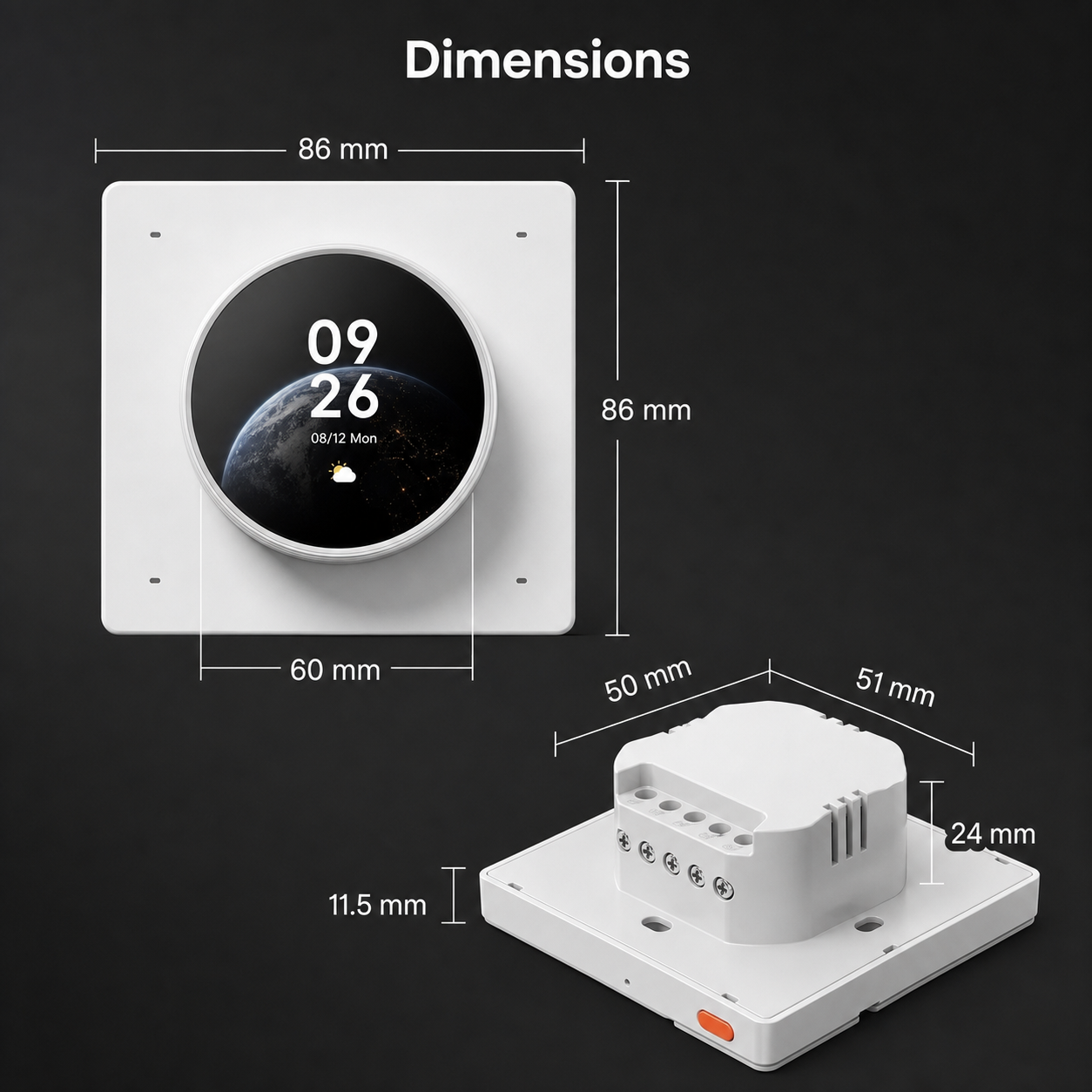 Dimensions overview for NéoDial Hub Pro with front plate, round dial and rear module measurements