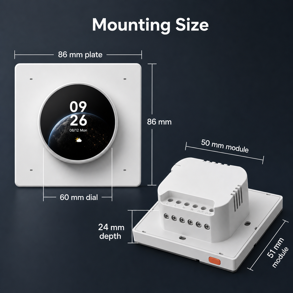 Mounting size overview for NéoDial Hub Pro with 86 mm plate, 60 mm dial and module depth