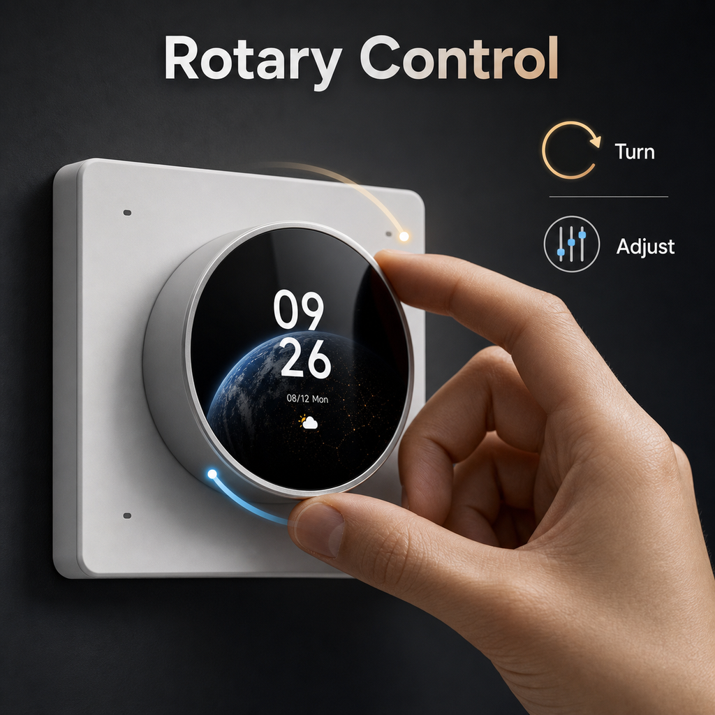 Hand turning the NéoDial Hub Pro rotary dial with turn and adjust labels