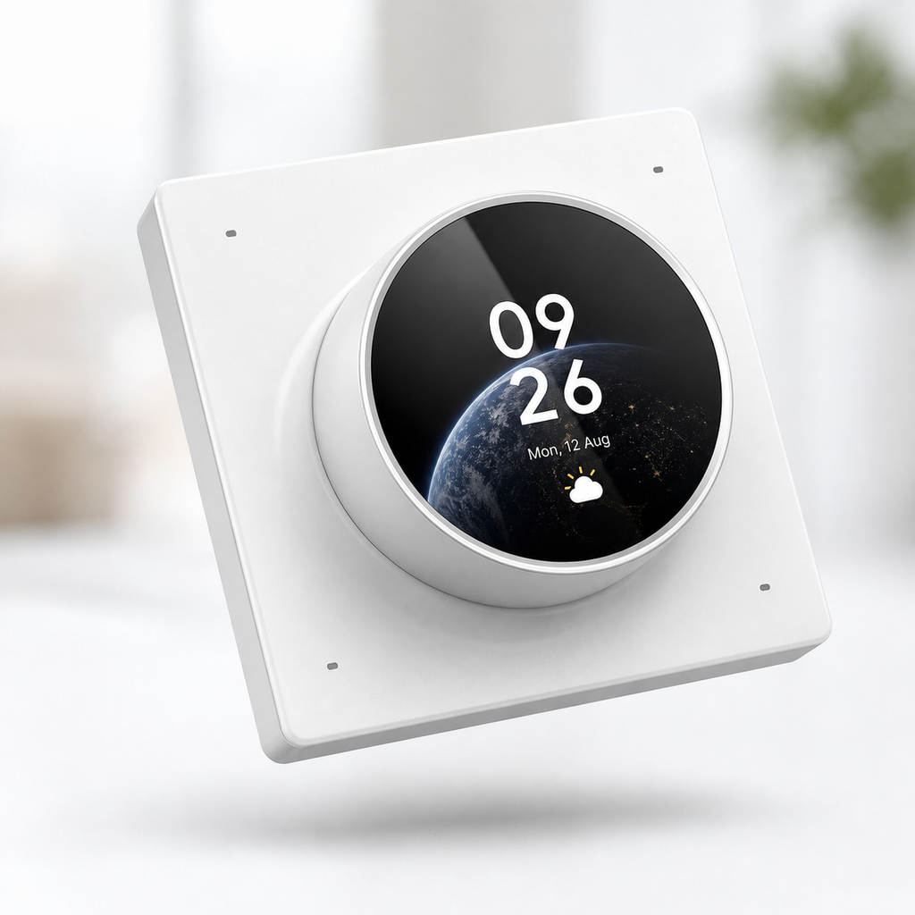 Studio packshot of NéoDial Hub Pro rotary touchscreen control with white square wall plate