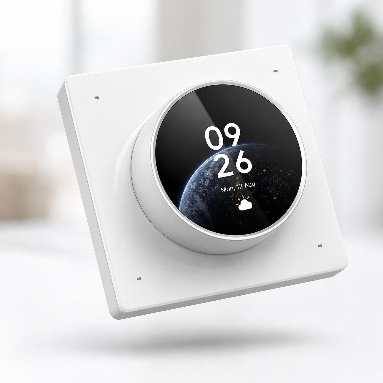 Studio packshot of NéoDial Hub Pro rotary touchscreen control with white square wall plate