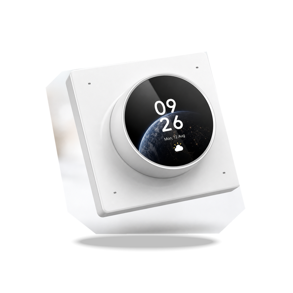 NéoDial Hub Pro avec écran rond rotatif et plaque murale blanche sur fond blanc studio.