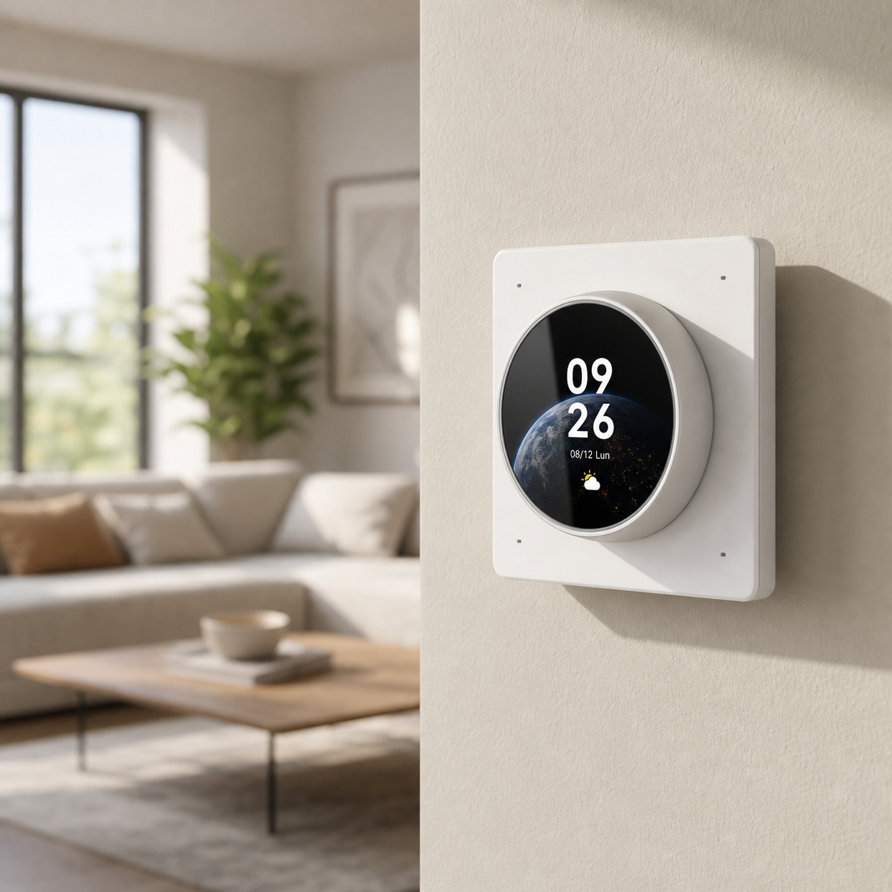 NéoDial Hub Pro rotary touchscreen control installed on a wall in a modern living room