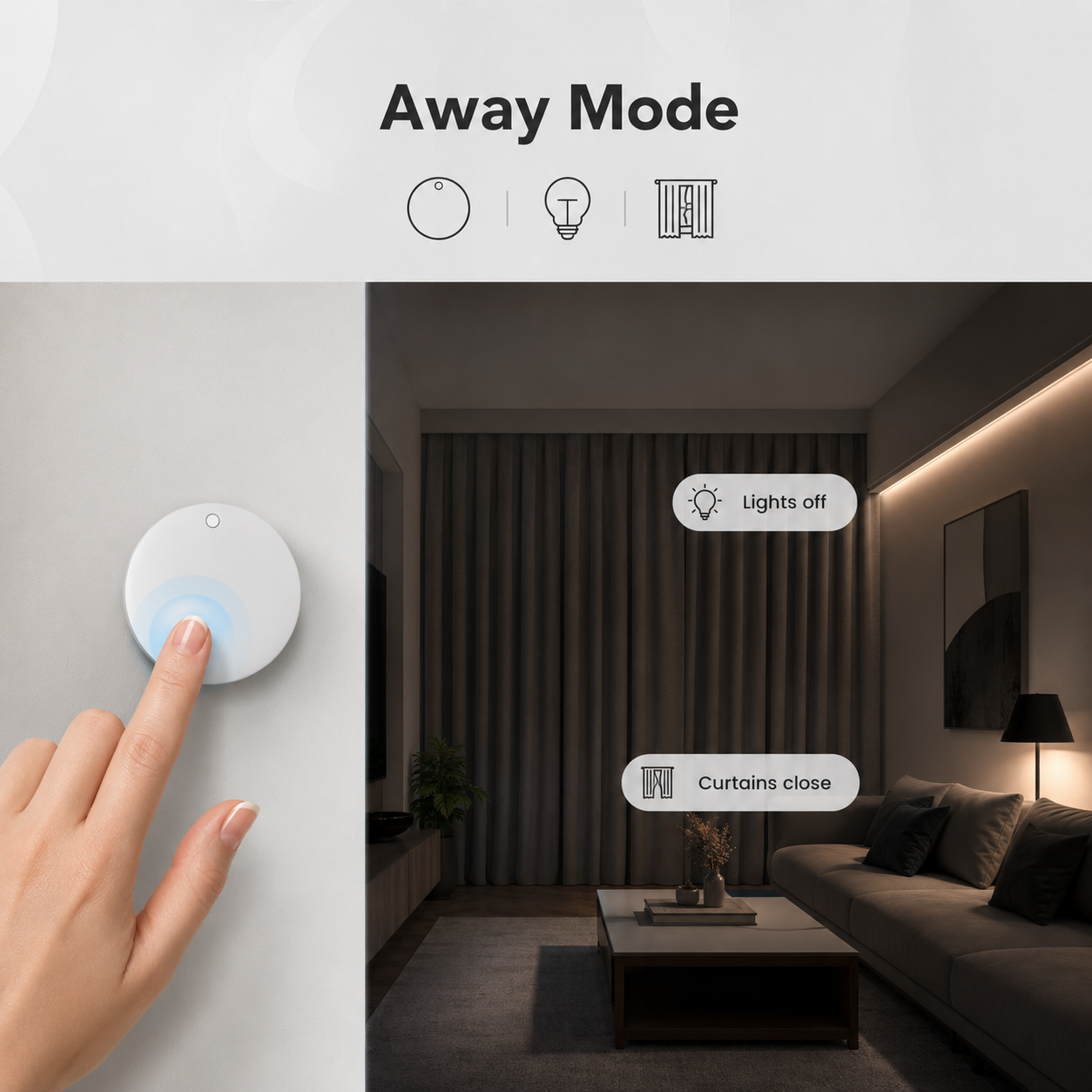 Away mode smart home scene controlled by white rotary button