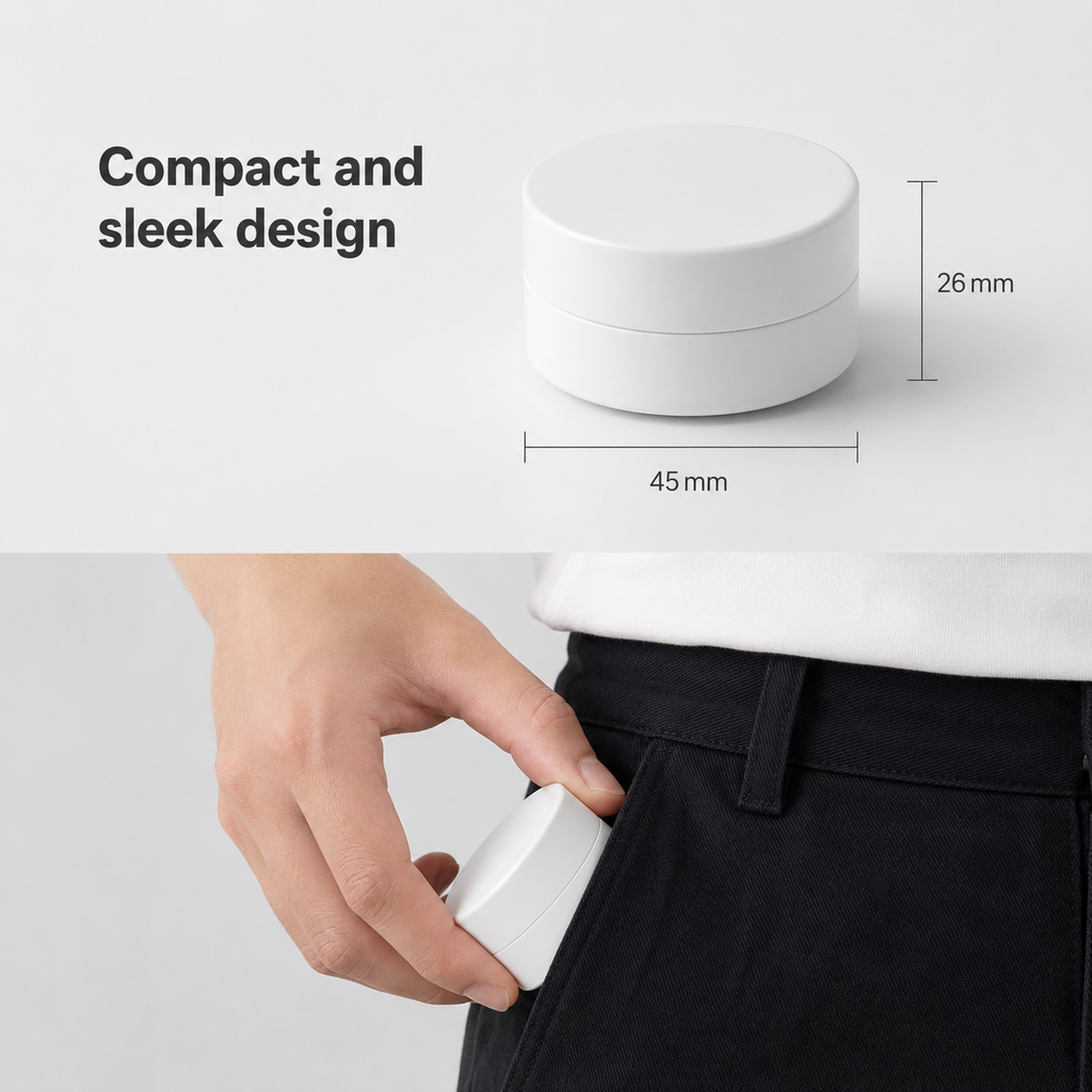 Compact white rotary scene button with clean dimension callouts