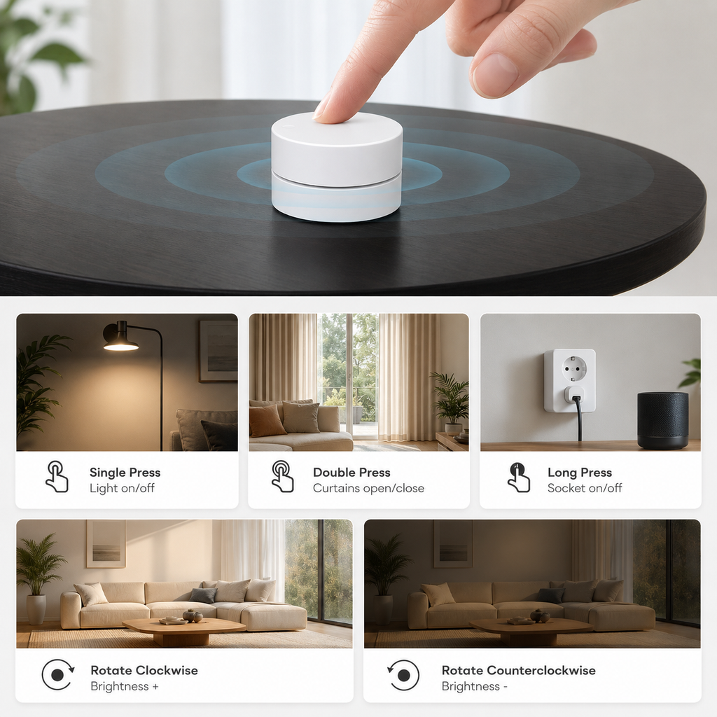 Five room scene actions controlled by a white rotary scene button